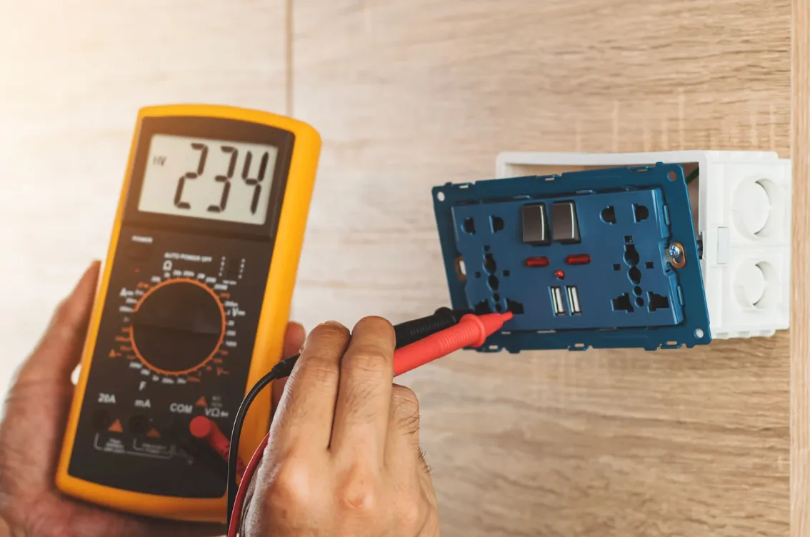 Electrician testing an electrical outlet with a multimeter