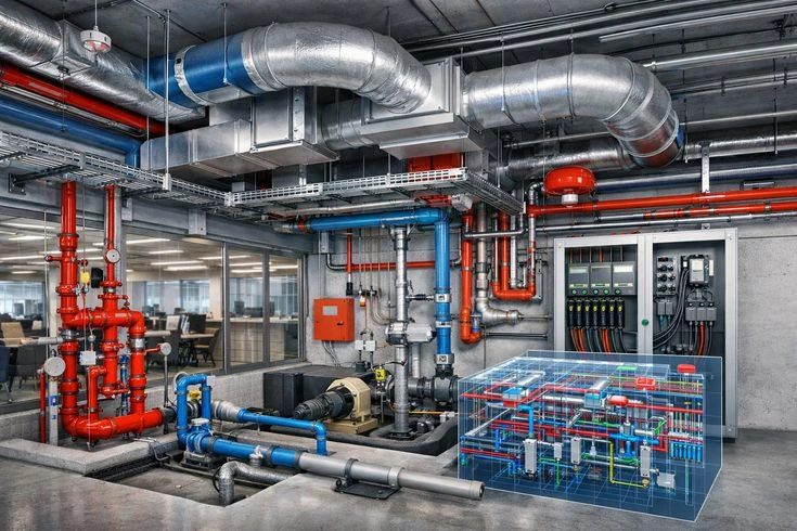 Mechanical, electrical, and plumbing engineering plant room with building information modeling overlay